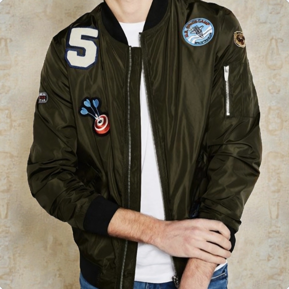 ZARA MAN Green Bomber Jacket with Space Patches